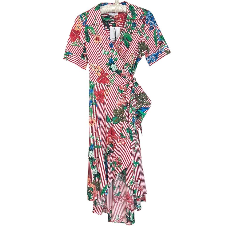 NWT Calvin Klein Dress Size 10 Cotton Wrap w/Belt Striped & Floral High Low Hem